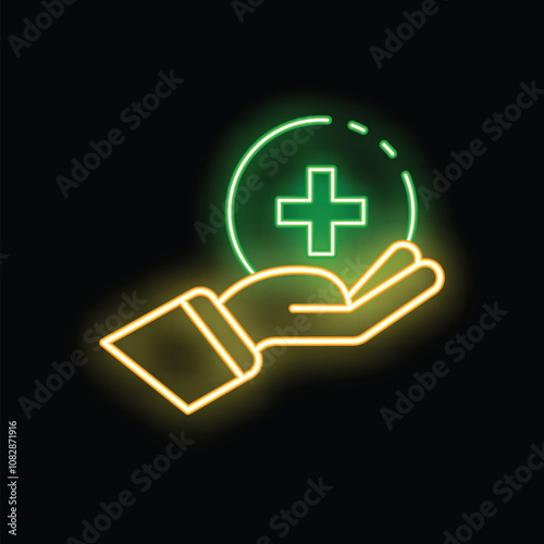 Neon glowing icon of a doctor hand holding a medical cross, symbolizing healthcare and medical assistance