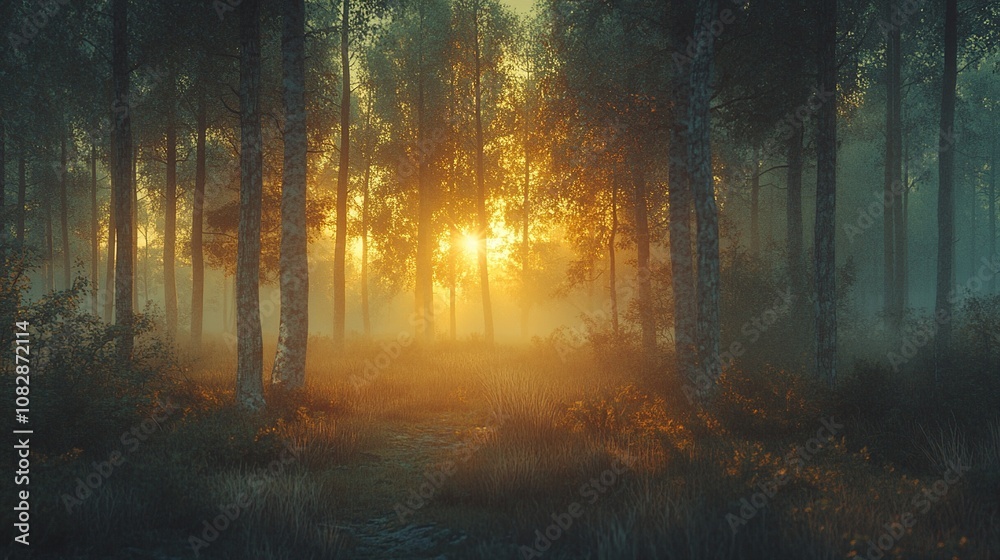 Obraz premium Sunrise in the Misty Forest