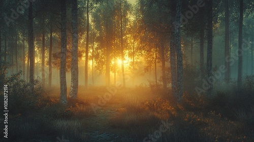 Sunrise in the Misty Forest