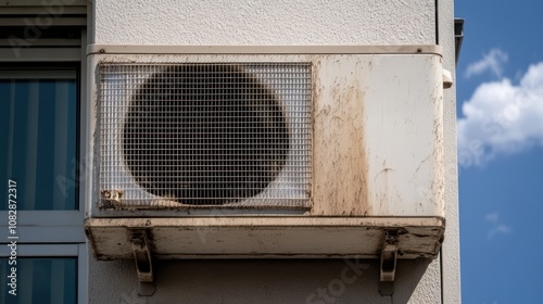 A weathered, rusted air conditioner unit clings to a building wall under bright blue skies, echoing themes of wear and resilience. photo