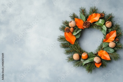 Rustic fall wreath featuring dried orange leaves, acorns, and green pine branches perfect for autumn decoration