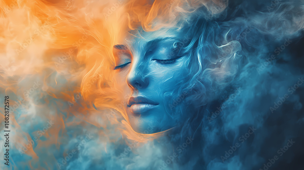 A surreal portrait blending vibrant blue and orange smoke with a serene face, evoking a sense of mysticism and tranquility. Mysticism. Illustration A surreal portrait blending vibrant blue and orange smoke with a serene face, evoking a sense of mysticism and tranquility. Mysticism. Illustration