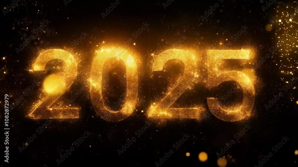 Glittering 2025 new year celebration with golden sparkles and bokeh lights Glittering 2025 new year celebration with golden sparkles and bokeh lights
