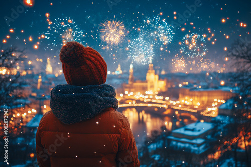 Tourist enjoying fireworks exploding over prague castle during new year's eve celebrations