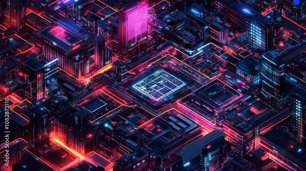 Abstract Digital Grid with Neon Light Highlights Abstract Digital Grid with Neon Light Highlights