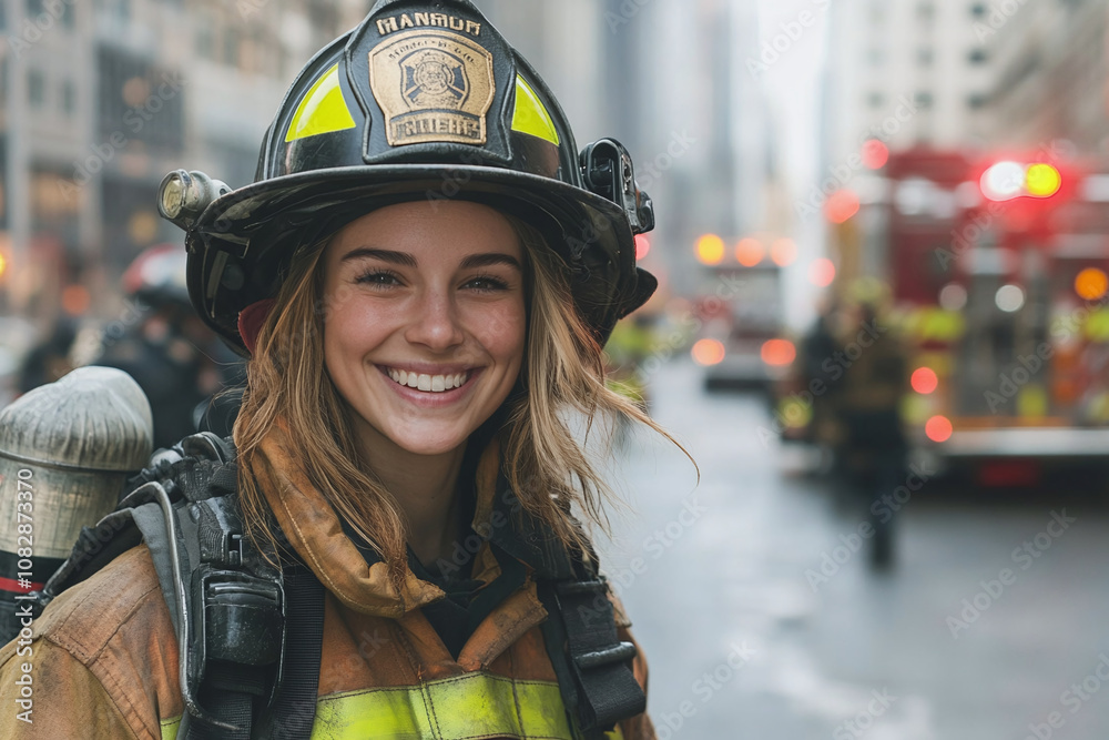 a young female firefighter. She is wearing a firefighter's uniform, including a helmet with the words a young female firefighter. She is wearing a firefighter's uniform, including a helmet with the words