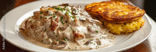 Creamy mushroom chicken with potato rosti on a white plate