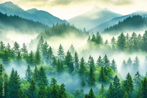 Serene forest landscape with misty morning atmosphere and sunlight shining through lush green trees