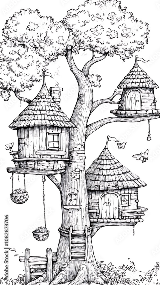 Naklejka premium Enchanting fairy treehouses illustration for kids coloring photos