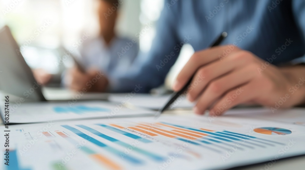 Professional teamwork analyzing financial reports and statistics, showcasing graphs and charts on a desk while collaborating in a bright modern office environment Professional teamwork analyzing financial reports and statistics, showcasing graphs and charts on a desk while collaborating in a bright modern office environment