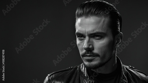 Portrait of a Man in a Leather Jacked on a Dark Background