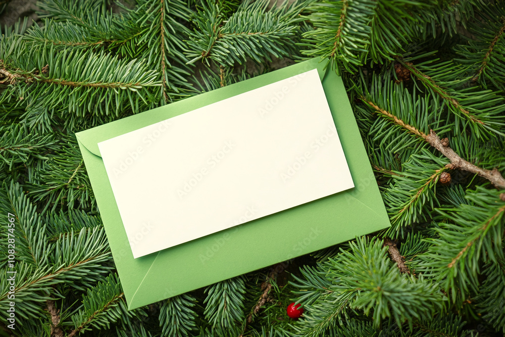 Fototapeta premium A green envelope with a white card inside sits on a bed of evergreen branches. The image evokes a feeling of holiday cheer and anticipation