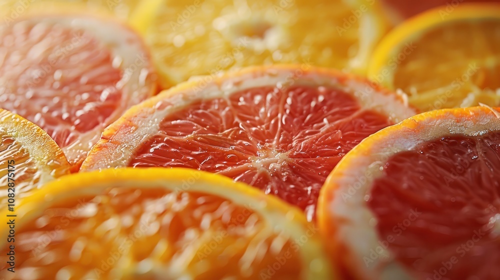 Close-up of sliced oranges and grapefruits. Close-up of sliced oranges and grapefruits.