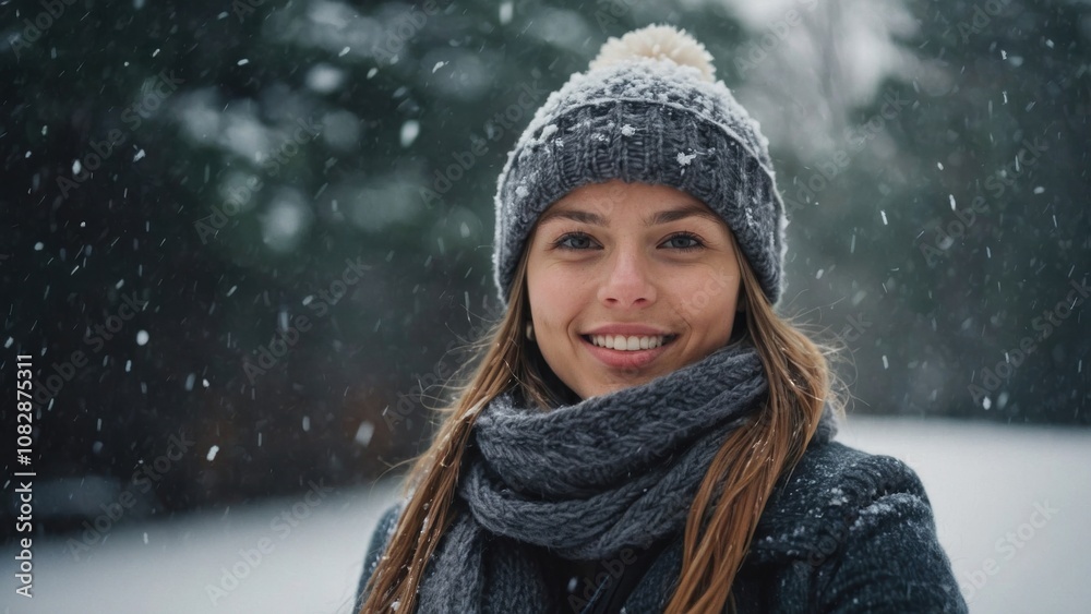A Woman Enjoying a Winter Day Surrounded by Falling Snow in a Serene Outdoor Setting A Woman Enjoying a Winter Day Surrounded by Falling Snow in a Serene Outdoor Setting