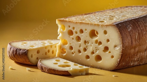 closeup of wedge of swiss cheese with distin photo