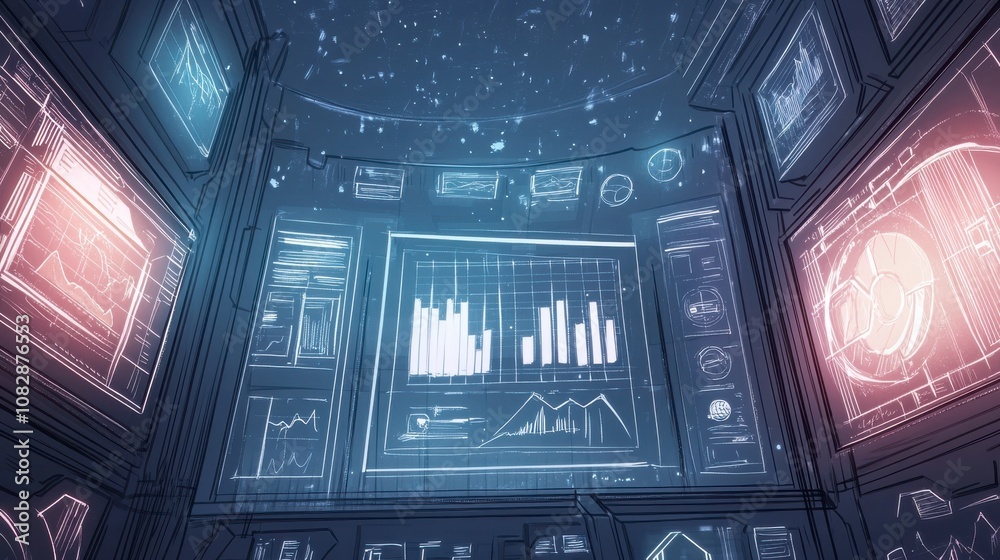 Obraz premium Hand-Drawn Tech Interface with Dynamic Graphs and Charts