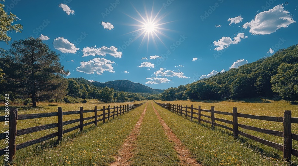 A serene landscape featuring a sunlit pathway leading through lush greenery and mountains. A serene landscape featuring a sunlit pathway leading through lush greenery and mountains.