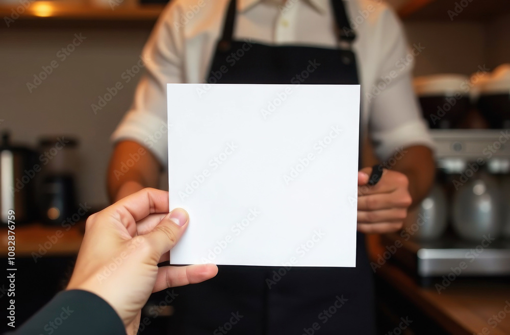 Obraz premium A customer extends a blank piece of paper towards a barista while standing in a warm cafe setting