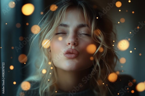 A close-up portrait of a woman blowing a kiss with warm, golden bokeh lights surrounding her, creating a dreamy and romantic ambiance