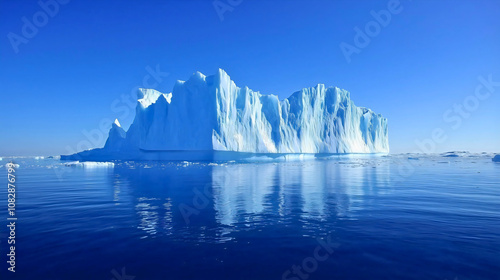 A massive ice shelf on the frozen Antarctic, emerging from the water, a giant ice ridge in the water, its reflection mirrored on the surface.