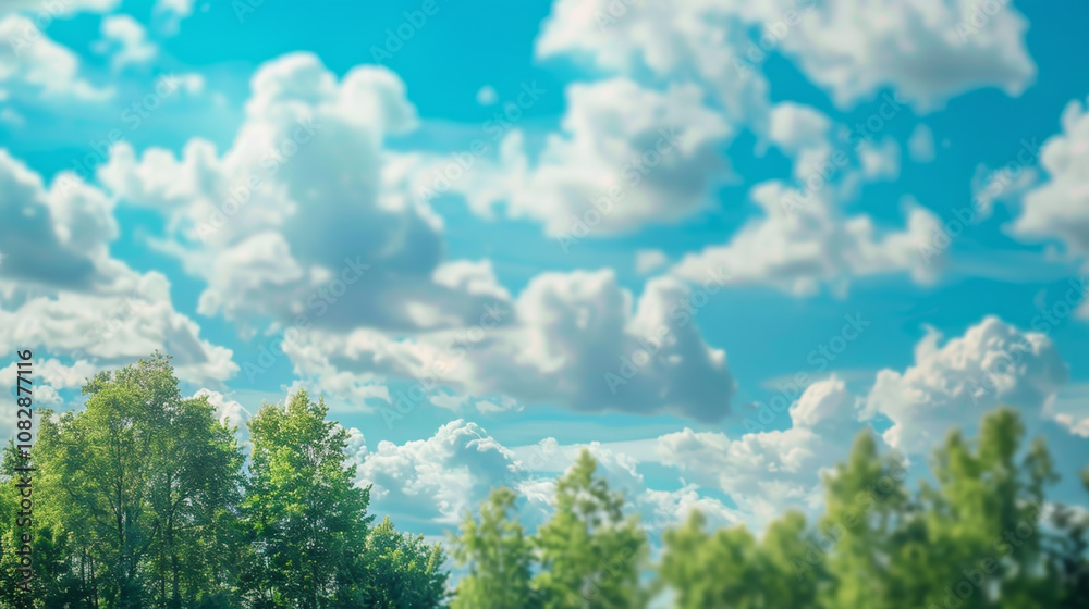 Lush green trees stand tall beneath a clear blue sky adorned with soft, white clouds, creating a serene atmosphere during a sunny afternoon Lush green trees stand tall beneath a clear blue sky adorned with soft, white clouds, creating a serene atmosphere during a sunny afternoon
