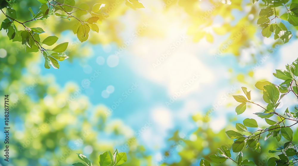 Obraz premium Bright sunlight shines through lush green foliage, creating a peaceful atmosphere in the forest. The clear sky enhances the vibrant colors of the leaves during summer