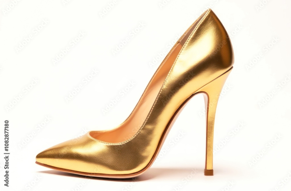 A stylish gold high heel shoe with a pointed toe and a high stiletto heel showcased against a plain backdrop A stylish gold high heel shoe with a pointed toe and a high stiletto heel showcased against a plain backdrop