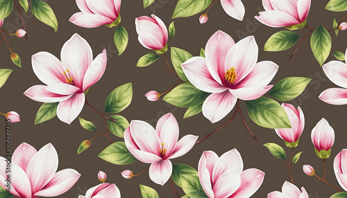 Beautiful seamless pattern with hand drawn watercolor gentle white and pink magnolia flowers. Stock illustration with white shades, png