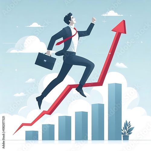 A businessman leaps ahead jumping over the growing graph of growth in flat illustration