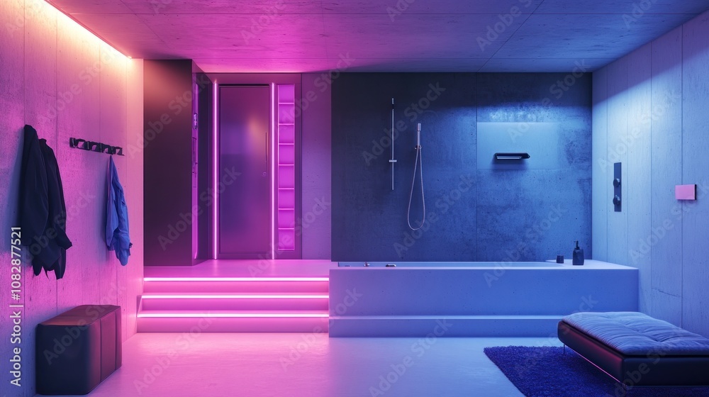 Modern Bathroom Design with Neon Lights and Concrete Walls Modern Bathroom Design with Neon Lights and Concrete Walls