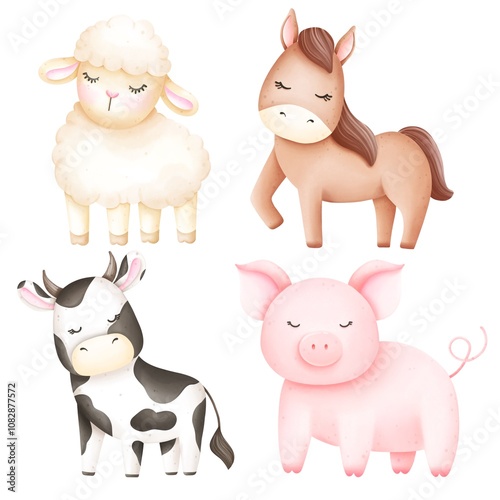 Watercolor Illustration set of Farm animals.Cute pets. Good for packaging paper, cards, wallpapers, gift tags, nursery decor, baby shower, nursery decor, wrapping paper and scrapbooking.