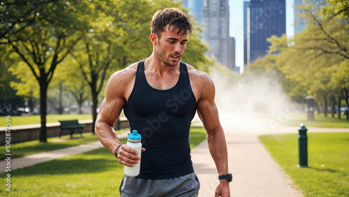 A muscular man walks through a city park while holding a water bottle in a fitness-focused exercise routine on a warm summer day amid lush green trees and skyline views