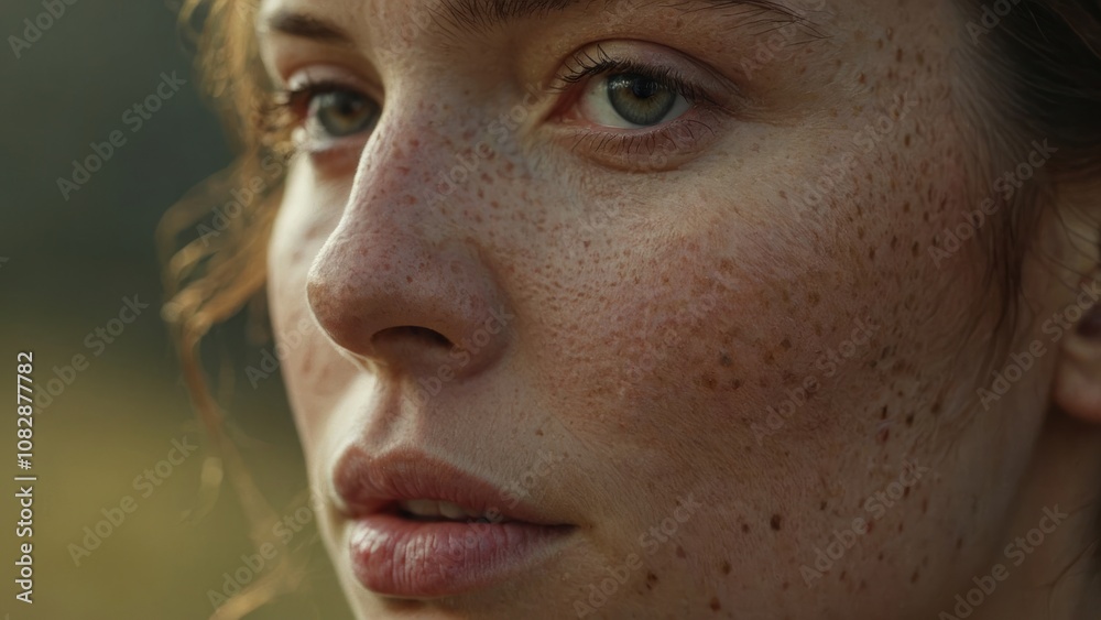 Fototapeta premium Close-up of a Young Woman With Freckles, Looking Thoughtfully Into the Distance During Sunset