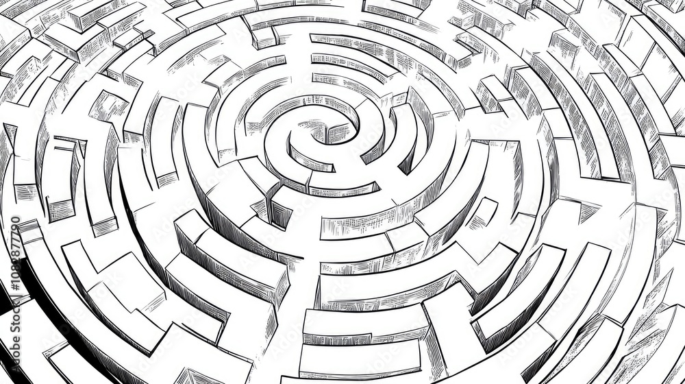 Line art illustration depicting a partial view of a circular maze labyrinth designed in a marble mosaic style Line art illustration depicting a partial view of a circular maze labyrinth designed in a marble mosaic style