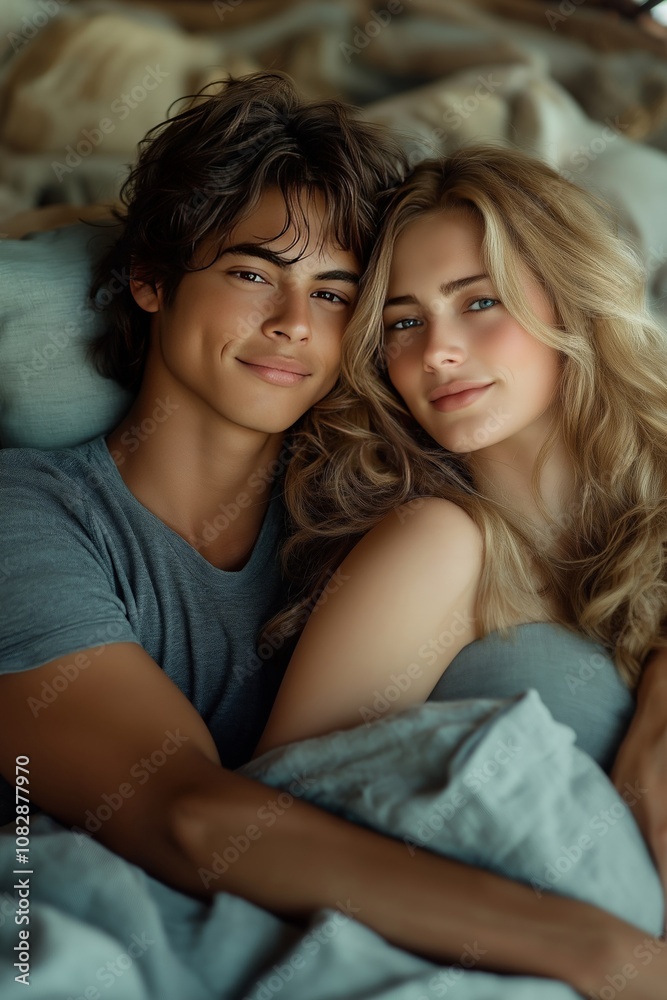 A close-up of a young couple lying together in bed, smiling warmly and enjoying a peaceful moment, evoking love, connection, and comfort in a soft and cozy setting A close-up of a young couple lying together in bed, smiling warmly and enjoying a peaceful moment, evoking love, connection, and comfort in a soft and cozy setting