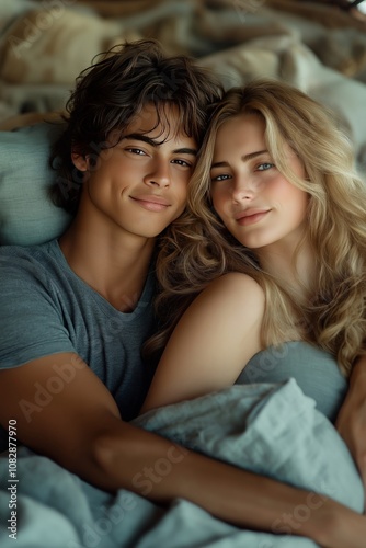 A close-up of a young couple lying together in bed, smiling warmly and enjoying a peaceful moment, evoking love, connection, and comfort in a soft and cozy setting