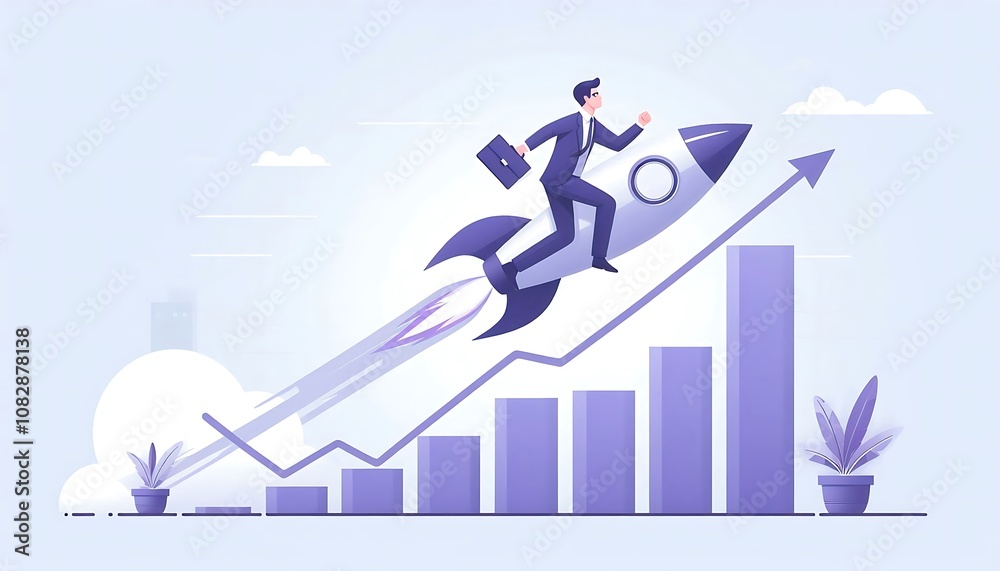 businessman riding rocket on growth bar graph in flat design illustration businessman riding rocket on growth bar graph in flat design illustration