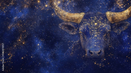 Ethereal Taurus Constellation in Indigo Cosmos: Stardust Materialization with Zodiac Symbols and Sacred Geometry. High-resolution design for luxury astrology and wellness brands.