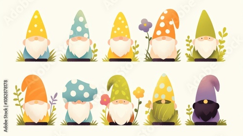 Colorful garden gnomes playfully arranged among flowers and greenery, bringing charm to a whimsical outdoor setting photo