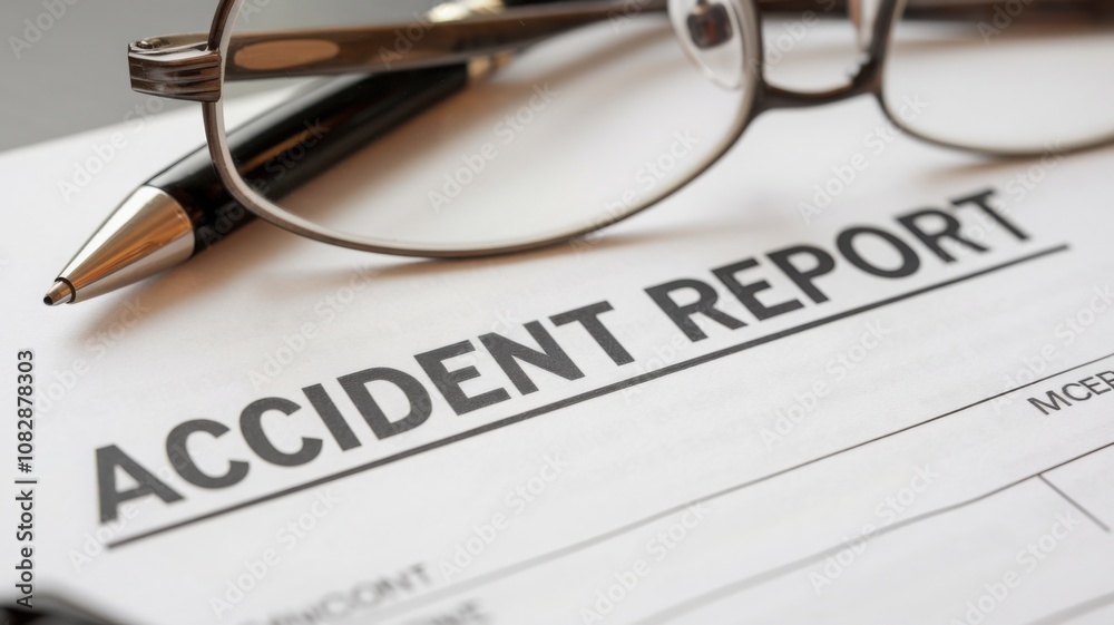 Accident report document with pen and eyeglasses on desk Accident report document with pen and eyeglasses on desk