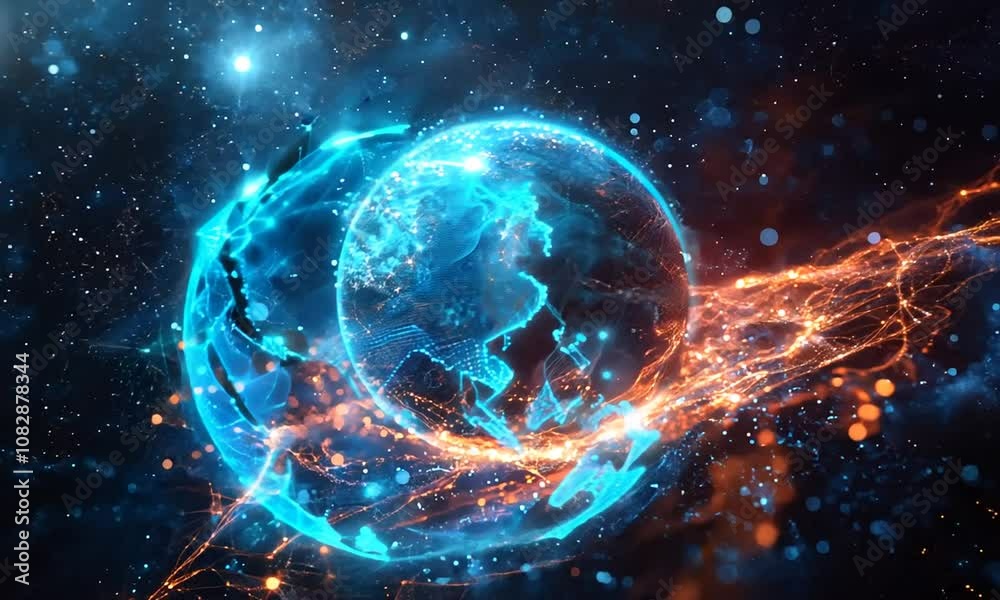 A glowing sphere surrounded by vibrant cosmic particles. A glowing sphere surrounded by vibrant cosmic particles.
