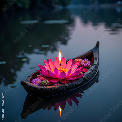 A tranquil scene of a floating candlelit lotus blossom in a calm body of water at dusk, photography of still life concept. photo