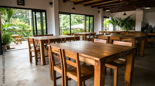 Dining experience in a hostel large wooden tables lush green surroundings relaxed environment inviting concept