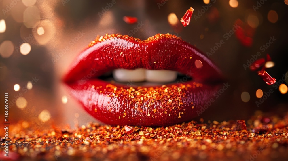 Spicy taste challenge lips sprinkled with chili flakes culinary delight close-up sensory experience