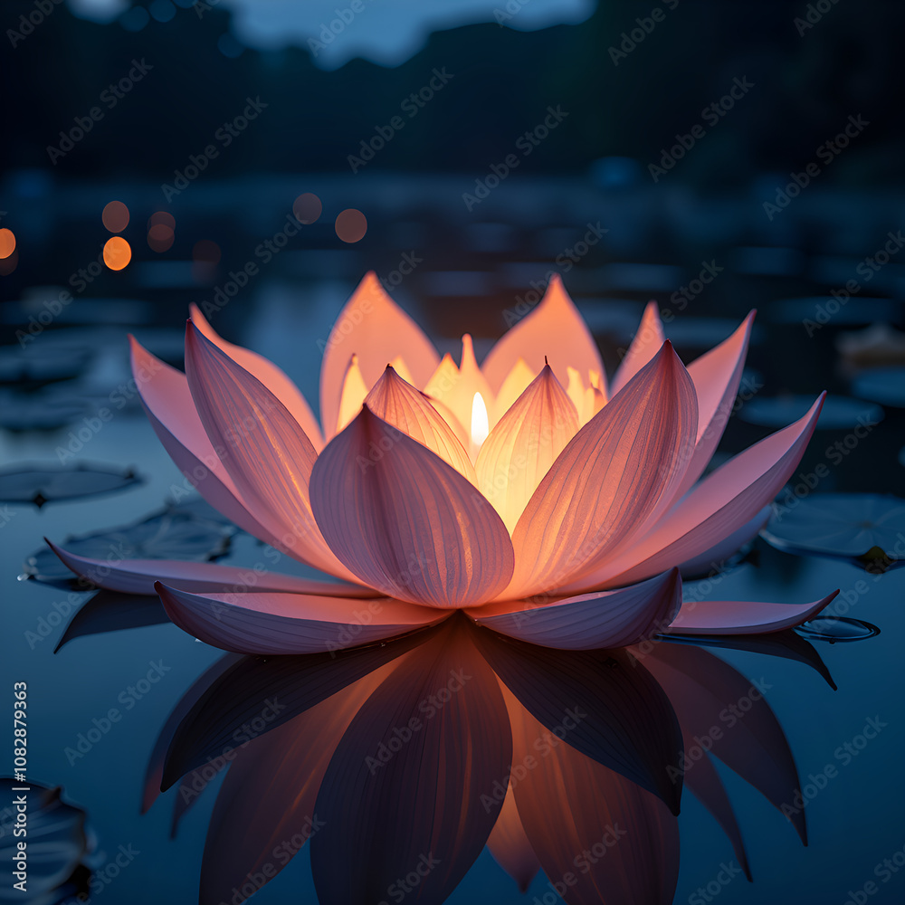 A captivating pink lotus flower illuminated by candlelight, reflecting serenity on still water at dusk, photography of nature concept. A captivating pink lotus flower illuminated by candlelight, reflecting serenity on still water at dusk, photography of nature concept.