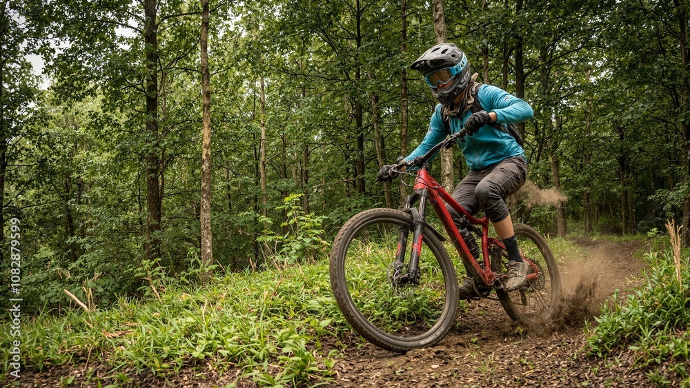 Mountain biker speeding through lush forest trail with dirt flying Mountain biker speeding through lush forest trail with dirt flying