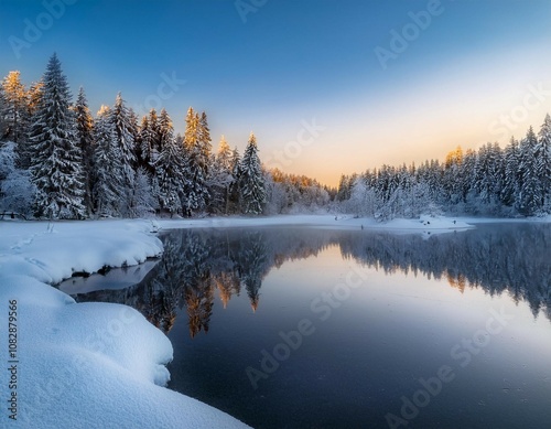 a tranquil winter landscape with snow covered trees and a frozen lake reflecting soft light at dusk