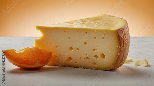 closeup of wedge of swiss cheese with distin photo