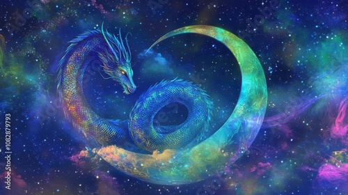 Iridescent dragon coiled around a crescent moon, illuminated by aurora borealis. Starry backdrop for fantasy gaming and spiritual artwork. High-resolution, dramatic highlights.