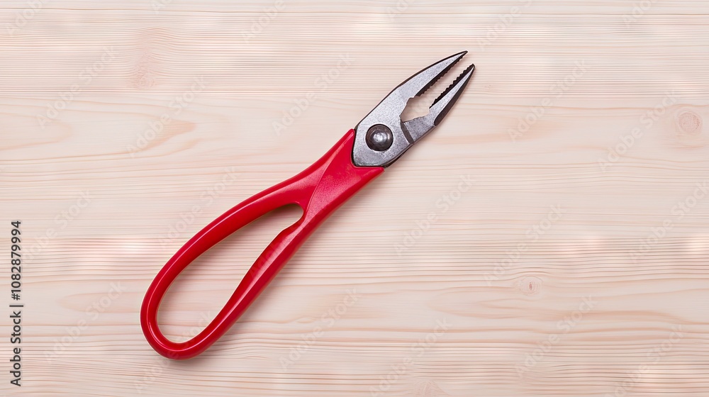 Vibrant red pliers resting on a rustic wooden tabletop capture the essence of craftsmanship and creativity in a dynamic workspace Vibrant red pliers resting on a rustic wooden tabletop capture the essence of craftsmanship and creativity in a dynamic workspace